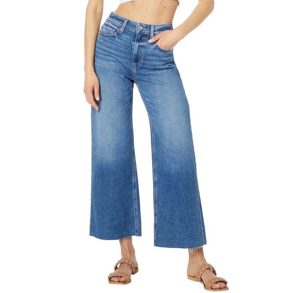PAIGE Anessa Rock Show High Rise Wide Leg Crop Raw Hem Denim Jeans Stretch Sz 31